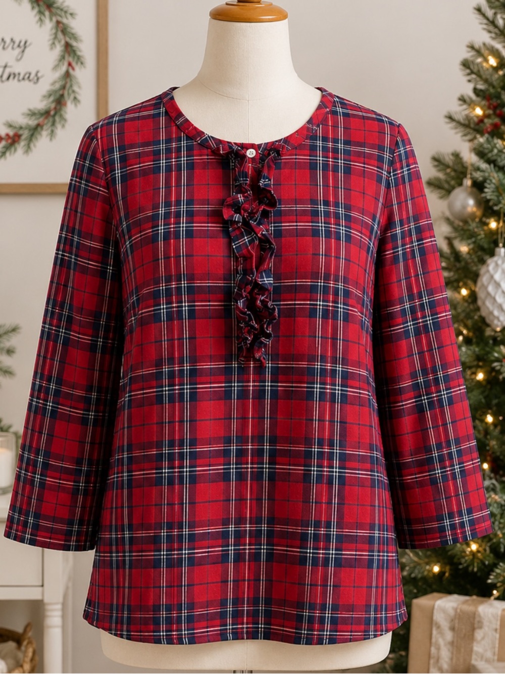 Draper James Red Plaid Button-Down Ruffle Front Top
